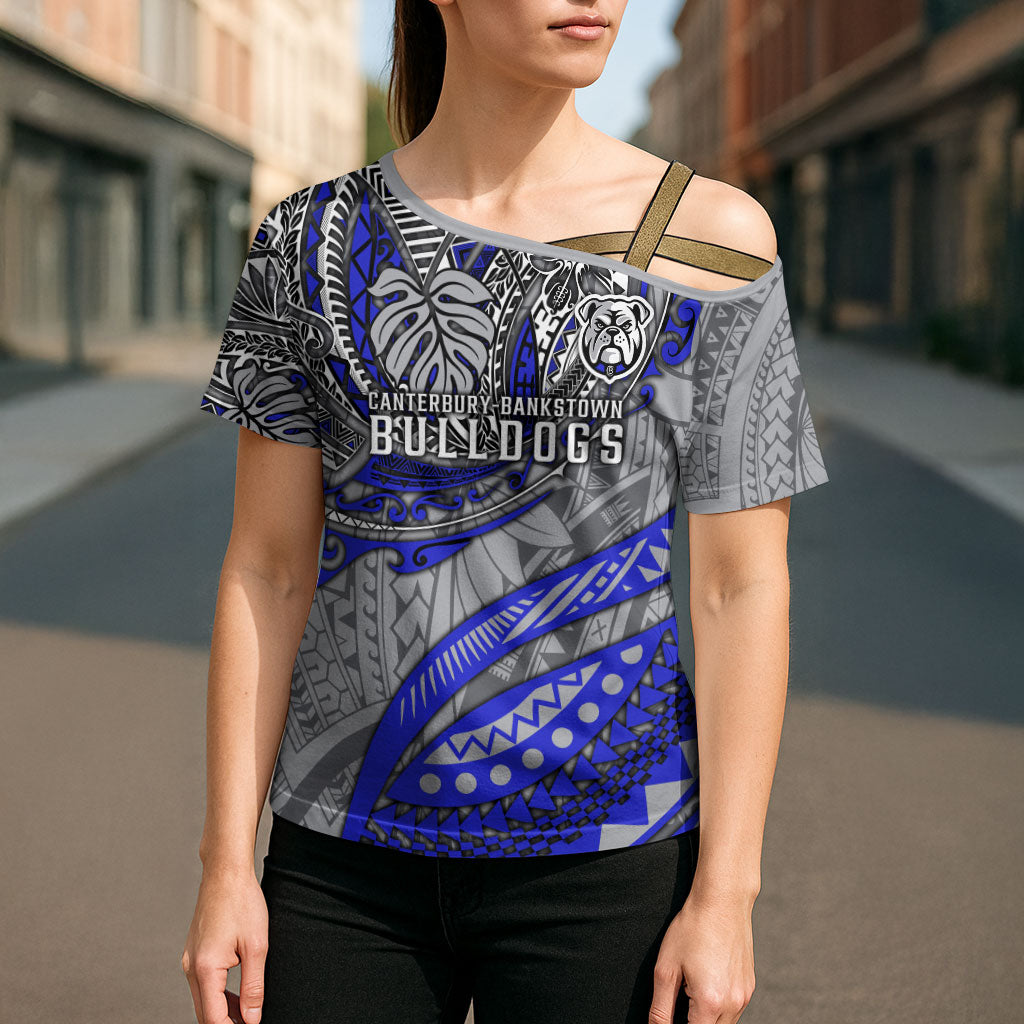 Personalised Canterbury-Bankstown Bulldogs Cross Shoulder Shirt Polynesian Tribal Art Style With Powerful Bulldog Mascot