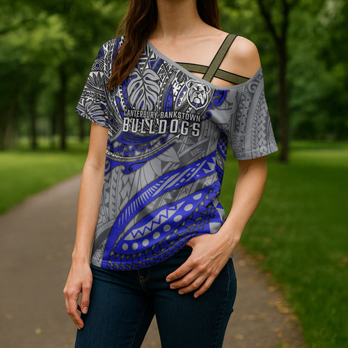 Personalised Canterbury-Bankstown Bulldogs Cross Shoulder Shirt Polynesian Tribal Art Style With Powerful Bulldog Mascot