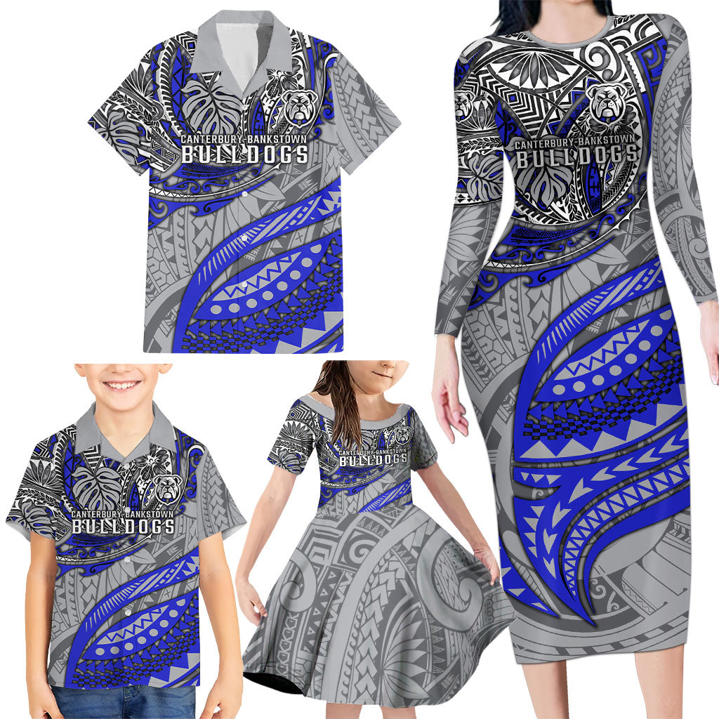 Personalised Canterbury-Bankstown Bulldogs Family Matching Long Sleeve Bodycon Dress and Hawaiian Shirt Polynesian Tribal Art Style With Powerful Bulldog Mascot