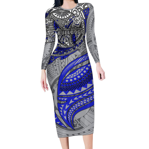 Personalised Canterbury-Bankstown Bulldogs Family Matching Long Sleeve Bodycon Dress and Hawaiian Shirt Polynesian Tribal Art Style With Powerful Bulldog Mascot