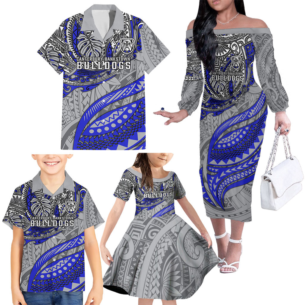 Personalised Canterbury-Bankstown Bulldogs Family Matching Off The Shoulder Long Sleeve Dress and Hawaiian Shirt Polynesian Tribal Art Style With Powerful Bulldog Mascot