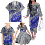 Personalised Canterbury-Bankstown Bulldogs Family Matching Off The Shoulder Long Sleeve Dress and Hawaiian Shirt Polynesian Tribal Art Style With Powerful Bulldog Mascot