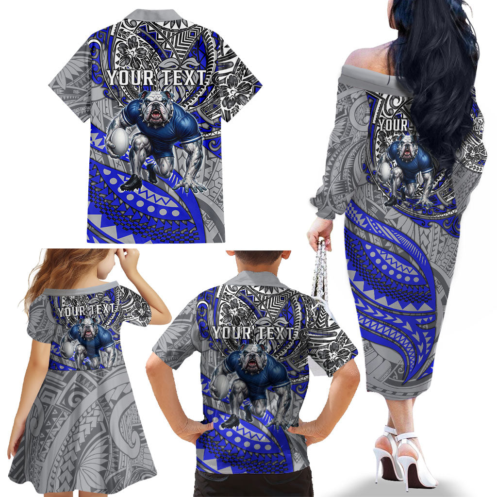 Personalised Canterbury-Bankstown Bulldogs Family Matching Off The Shoulder Long Sleeve Dress and Hawaiian Shirt Polynesian Tribal Art Style With Powerful Bulldog Mascot