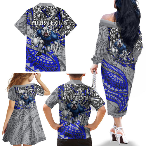 Personalised Canterbury-Bankstown Bulldogs Family Matching Off The Shoulder Long Sleeve Dress and Hawaiian Shirt Polynesian Tribal Art Style With Powerful Bulldog Mascot