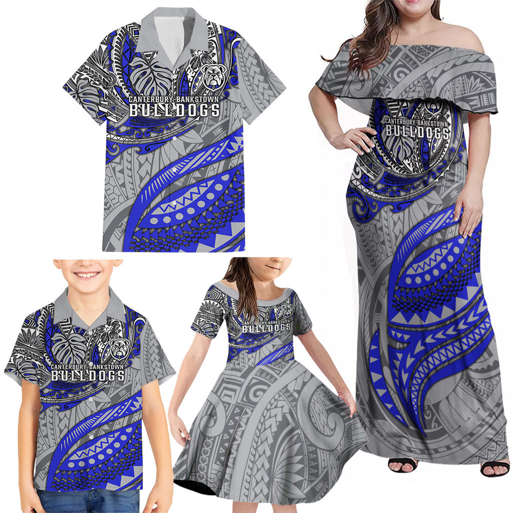 Personalised Canterbury-Bankstown Bulldogs Family Matching Off Shoulder Maxi Dress and Hawaiian Shirt Polynesian Tribal Art Style With Powerful Bulldog Mascot