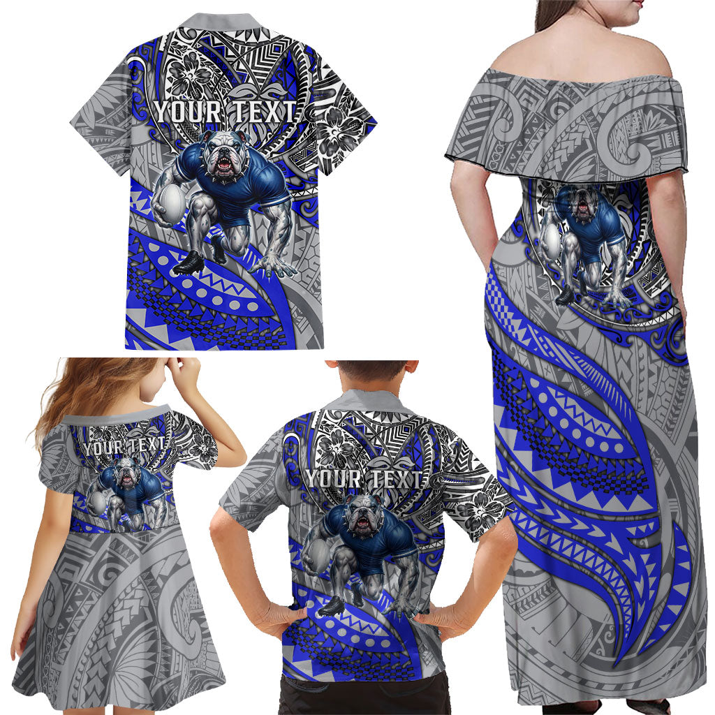 Personalised Canterbury-Bankstown Bulldogs Family Matching Off Shoulder Maxi Dress and Hawaiian Shirt Polynesian Tribal Art Style With Powerful Bulldog Mascot