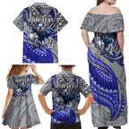 Personalised Canterbury-Bankstown Bulldogs Family Matching Off Shoulder Maxi Dress and Hawaiian Shirt Polynesian Tribal Art Style With Powerful Bulldog Mascot