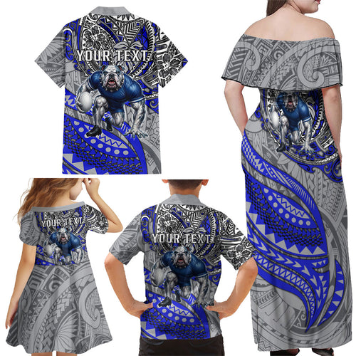 Personalised Canterbury-Bankstown Bulldogs Family Matching Off Shoulder Maxi Dress and Hawaiian Shirt Polynesian Tribal Art Style With Powerful Bulldog Mascot