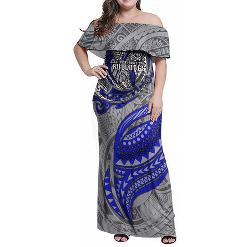 Personalised Canterbury-Bankstown Bulldogs Family Matching Off Shoulder Maxi Dress and Hawaiian Shirt Polynesian Tribal Art Style With Powerful Bulldog Mascot