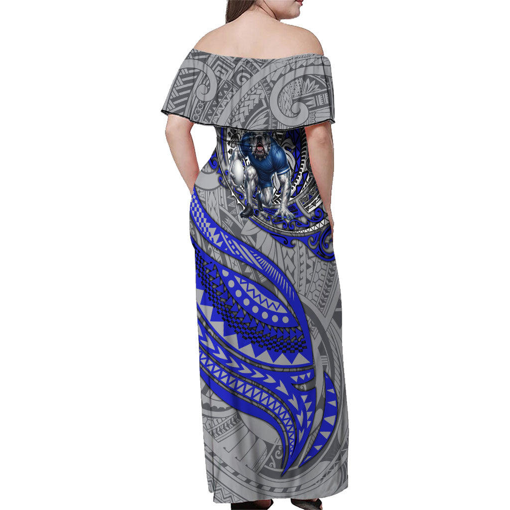 Personalised Canterbury-Bankstown Bulldogs Family Matching Off Shoulder Maxi Dress and Hawaiian Shirt Polynesian Tribal Art Style With Powerful Bulldog Mascot