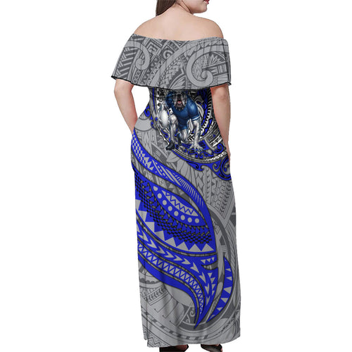 Personalised Canterbury-Bankstown Bulldogs Family Matching Off Shoulder Maxi Dress and Hawaiian Shirt Polynesian Tribal Art Style With Powerful Bulldog Mascot