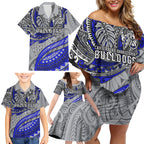 Personalised Canterbury-Bankstown Bulldogs Family Matching Off Shoulder Short Dress and Hawaiian Shirt Polynesian Tribal Art Style With Powerful Bulldog Mascot