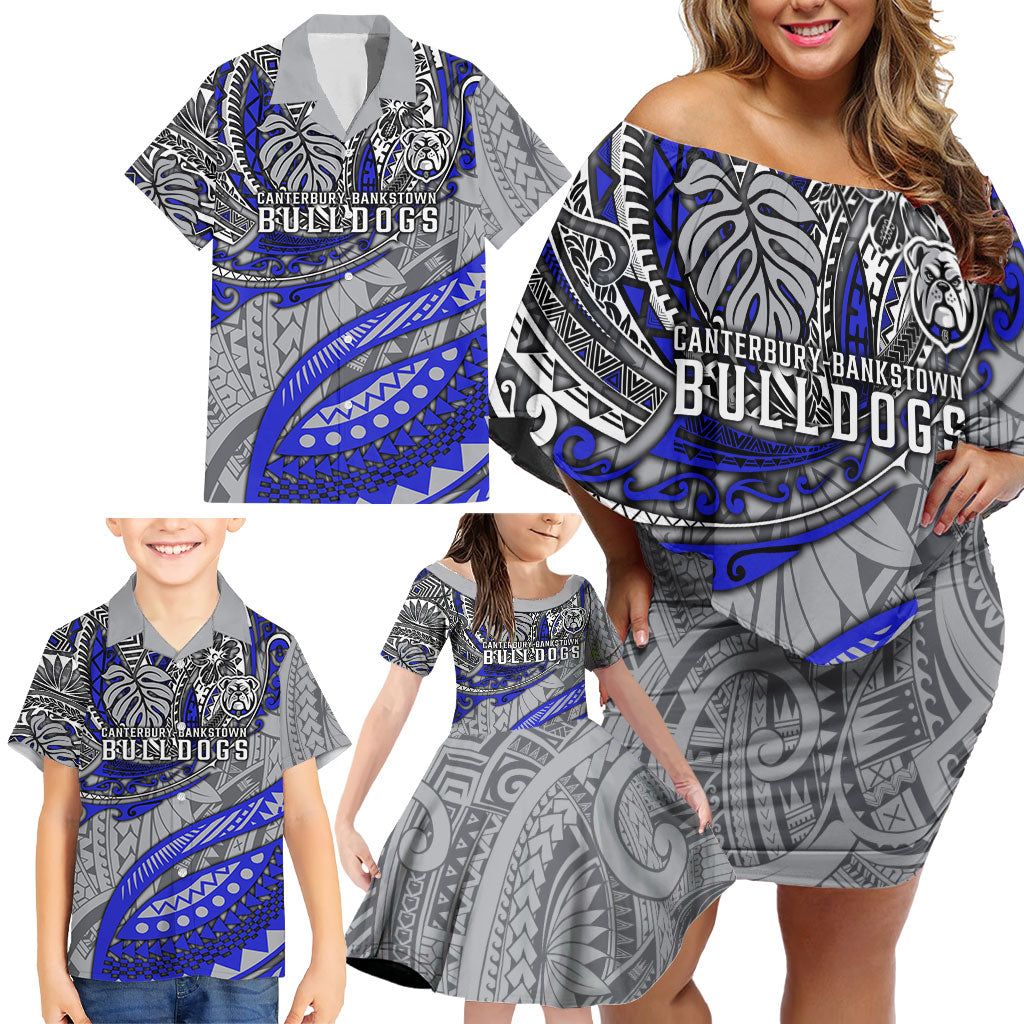 Personalised Canterbury-Bankstown Bulldogs Family Matching Off Shoulder Short Dress and Hawaiian Shirt Polynesian Tribal Art Style With Powerful Bulldog Mascot
