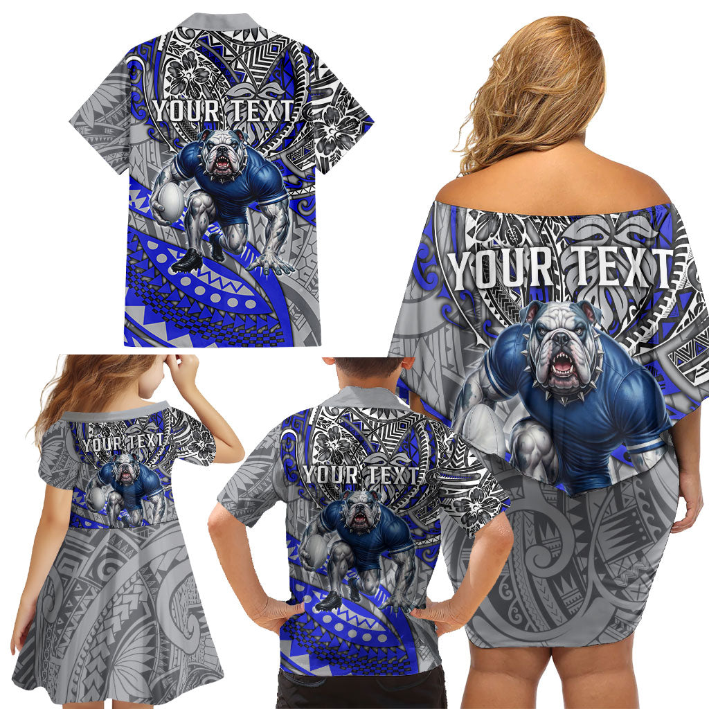 Personalised Canterbury-Bankstown Bulldogs Family Matching Off Shoulder Short Dress and Hawaiian Shirt Polynesian Tribal Art Style With Powerful Bulldog Mascot