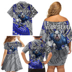 Personalised Canterbury-Bankstown Bulldogs Family Matching Off Shoulder Short Dress and Hawaiian Shirt Polynesian Tribal Art Style With Powerful Bulldog Mascot