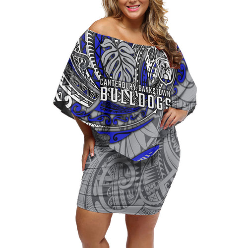 Personalised Canterbury-Bankstown Bulldogs Family Matching Off Shoulder Short Dress and Hawaiian Shirt Polynesian Tribal Art Style With Powerful Bulldog Mascot