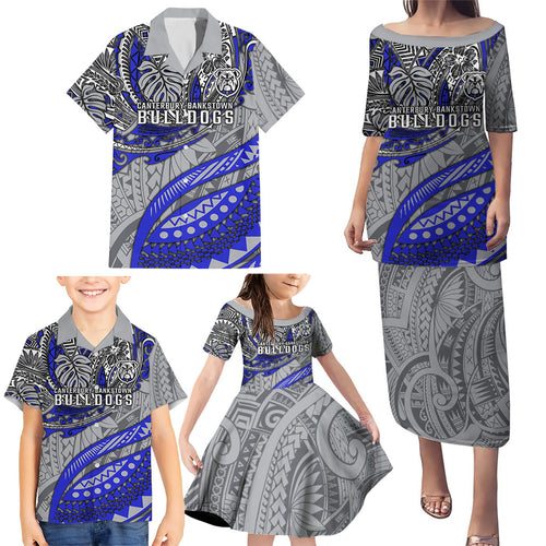 Personalised Canterbury-Bankstown Bulldogs Family Matching Puletasi and Hawaiian Shirt Polynesian Tribal Art Style With Powerful Bulldog Mascot