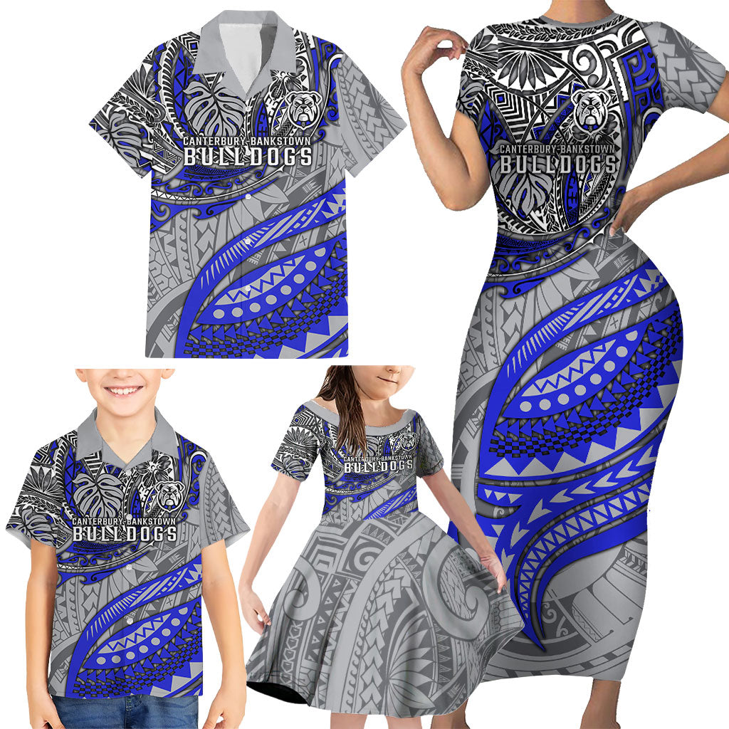 Personalised Canterbury-Bankstown Bulldogs Family Matching Short Sleeve Bodycon Dress and Hawaiian Shirt Polynesian Tribal Art Style With Powerful Bulldog Mascot