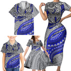 Personalised Canterbury-Bankstown Bulldogs Family Matching Short Sleeve Bodycon Dress and Hawaiian Shirt Polynesian Tribal Art Style With Powerful Bulldog Mascot