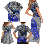 Personalised Canterbury-Bankstown Bulldogs Family Matching Short Sleeve Bodycon Dress and Hawaiian Shirt Polynesian Tribal Art Style With Powerful Bulldog Mascot