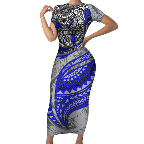 Personalised Canterbury-Bankstown Bulldogs Family Matching Short Sleeve Bodycon Dress and Hawaiian Shirt Polynesian Tribal Art Style With Powerful Bulldog Mascot
