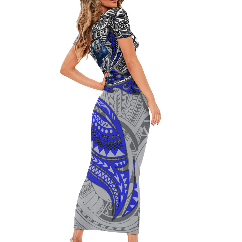 Personalised Canterbury-Bankstown Bulldogs Family Matching Short Sleeve Bodycon Dress and Hawaiian Shirt Polynesian Tribal Art Style With Powerful Bulldog Mascot