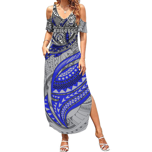 Personalised Canterbury-Bankstown Bulldogs Family Matching Summer Maxi Dress and Hawaiian Shirt Polynesian Tribal Art Style With Powerful Bulldog Mascot
