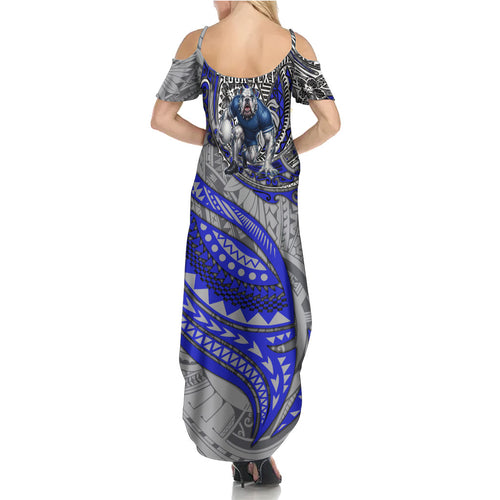 Personalised Canterbury-Bankstown Bulldogs Family Matching Summer Maxi Dress and Hawaiian Shirt Polynesian Tribal Art Style With Powerful Bulldog Mascot