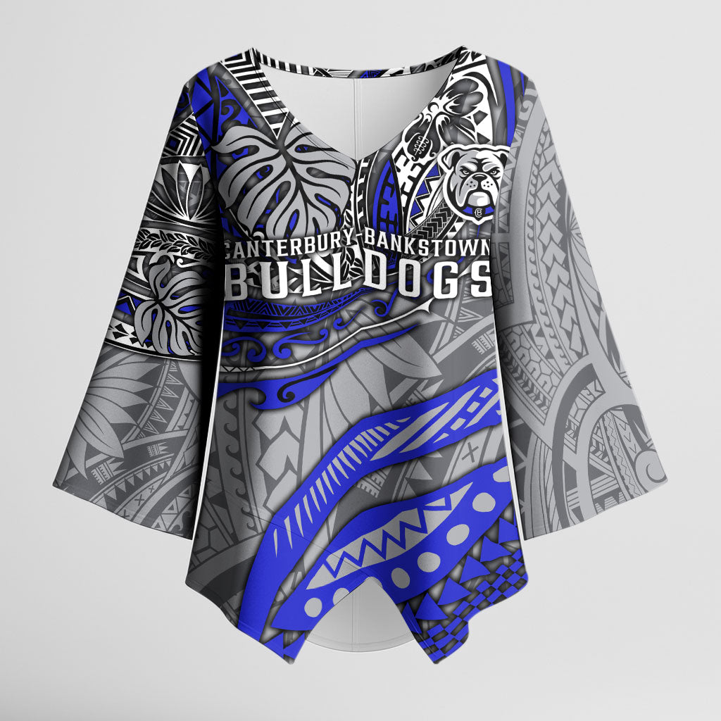 Personalised Canterbury-Bankstown Bulldogs Kimono Sleeve Blouse Polynesian Tribal Art Style With Powerful Bulldog Mascot
