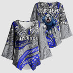 Personalised Canterbury-Bankstown Bulldogs Kimono Sleeve Blouse Polynesian Tribal Art Style With Powerful Bulldog Mascot