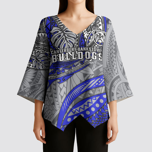 Personalised Canterbury-Bankstown Bulldogs Kimono Sleeve Blouse Polynesian Tribal Art Style With Powerful Bulldog Mascot