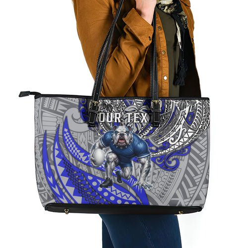 Personalised Canterbury-Bankstown Bulldogs Leather Tote Bag Polynesian Tribal Art Style With Powerful Bulldog Mascot