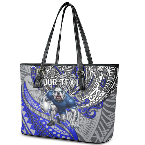Personalised Canterbury-Bankstown Bulldogs Leather Tote Bag Polynesian Tribal Art Style With Powerful Bulldog Mascot