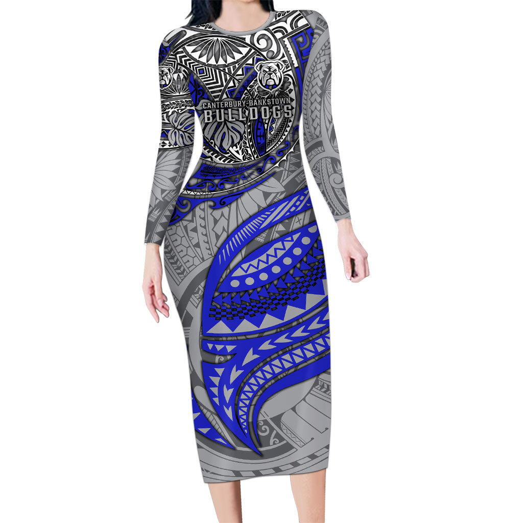 Personalised Canterbury-Bankstown Bulldogs Long Sleeve Bodycon Dress Polynesian Tribal Art Style With Powerful Bulldog Mascot