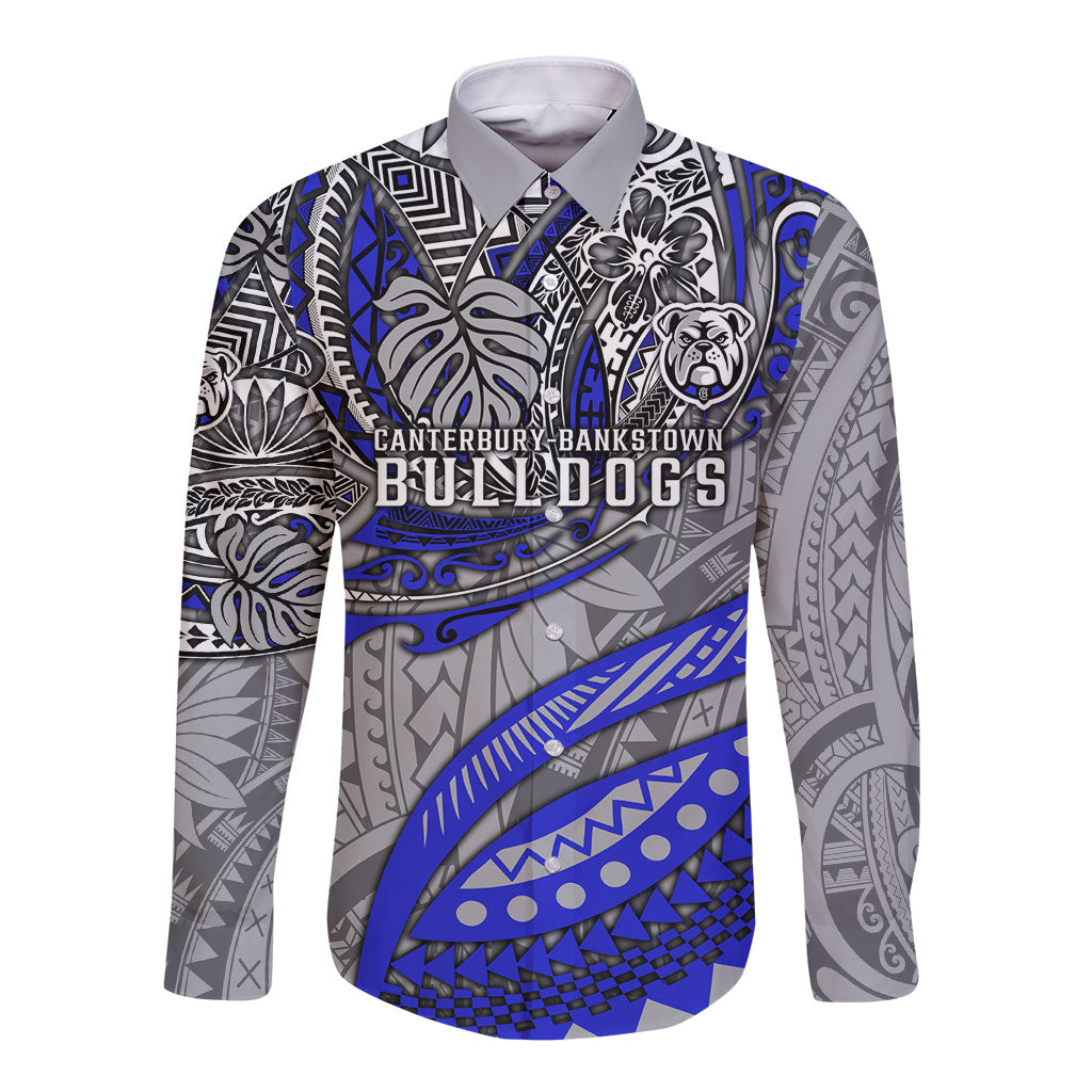 Personalised Canterbury-Bankstown Bulldogs Long Sleeve Button Shirt Polynesian Tribal Art Style With Powerful Bulldog Mascot