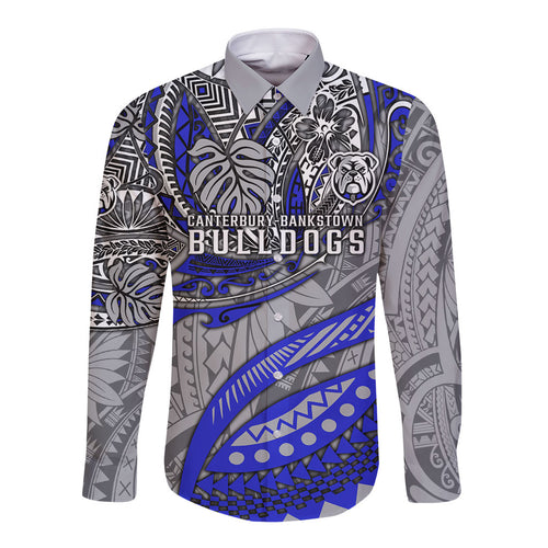Personalised Canterbury-Bankstown Bulldogs Long Sleeve Button Shirt Polynesian Tribal Art Style With Powerful Bulldog Mascot