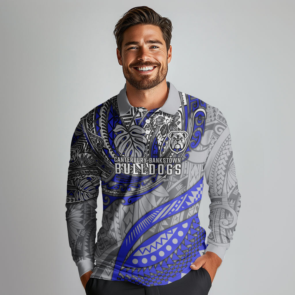 Personalised Canterbury-Bankstown Bulldogs Long Sleeve Polo Shirt Polynesian Tribal Art Style With Powerful Bulldog Mascot
