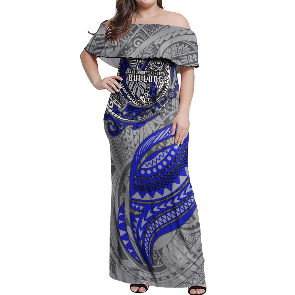 Personalised Canterbury-Bankstown Bulldogs Off Shoulder Maxi Dress Polynesian Tribal Art Style With Powerful Bulldog Mascot