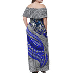 Personalised Canterbury-Bankstown Bulldogs Off Shoulder Maxi Dress Polynesian Tribal Art Style With Powerful Bulldog Mascot