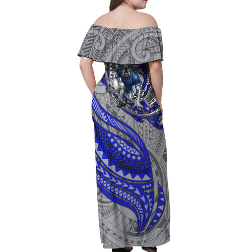 Personalised Canterbury-Bankstown Bulldogs Off Shoulder Maxi Dress Polynesian Tribal Art Style With Powerful Bulldog Mascot