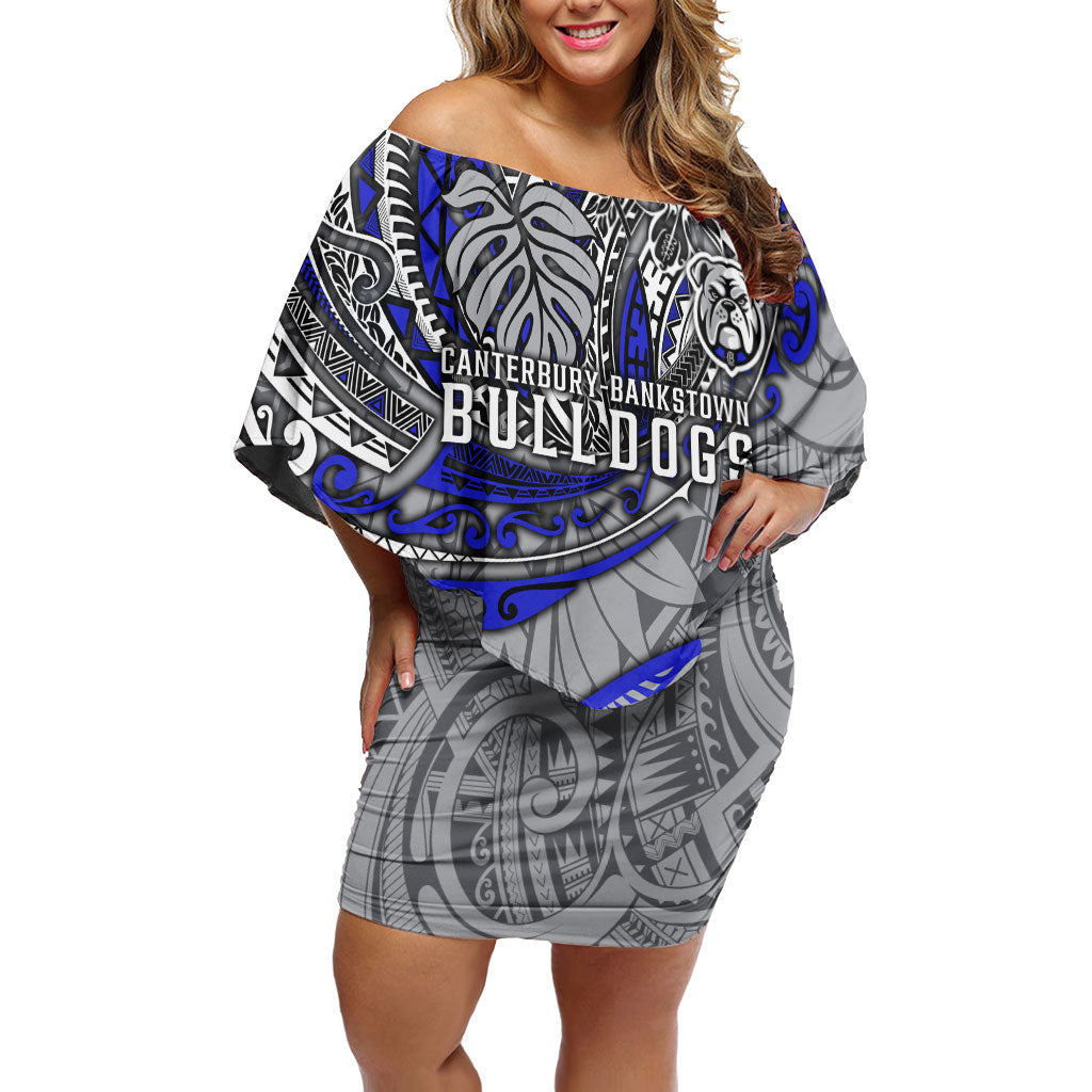 Personalised Canterbury-Bankstown Bulldogs Off Shoulder Short Dress Polynesian Tribal Art Style With Powerful Bulldog Mascot