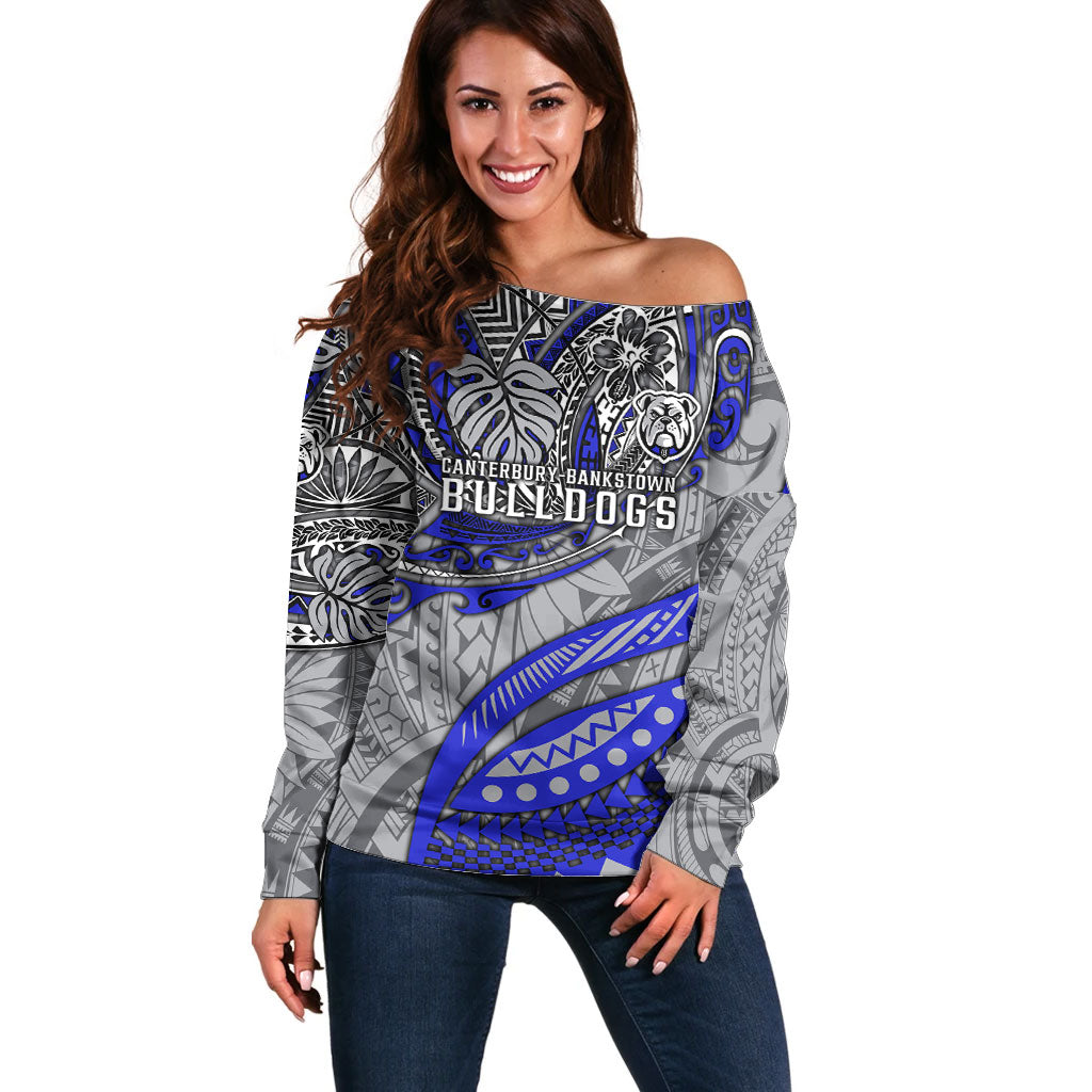 Personalised Canterbury-Bankstown Bulldogs Off Shoulder Sweater Polynesian Tribal Art Style With Powerful Bulldog Mascot