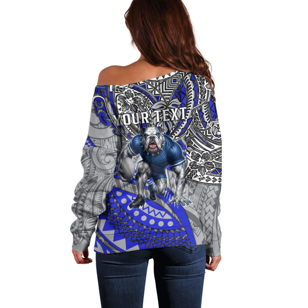 Personalised Canterbury-Bankstown Bulldogs Off Shoulder Sweater Polynesian Tribal Art Style With Powerful Bulldog Mascot
