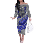 Personalised Canterbury-Bankstown Bulldogs Off The Shoulder Long Sleeve Dress Polynesian Tribal Art Style With Powerful Bulldog Mascot