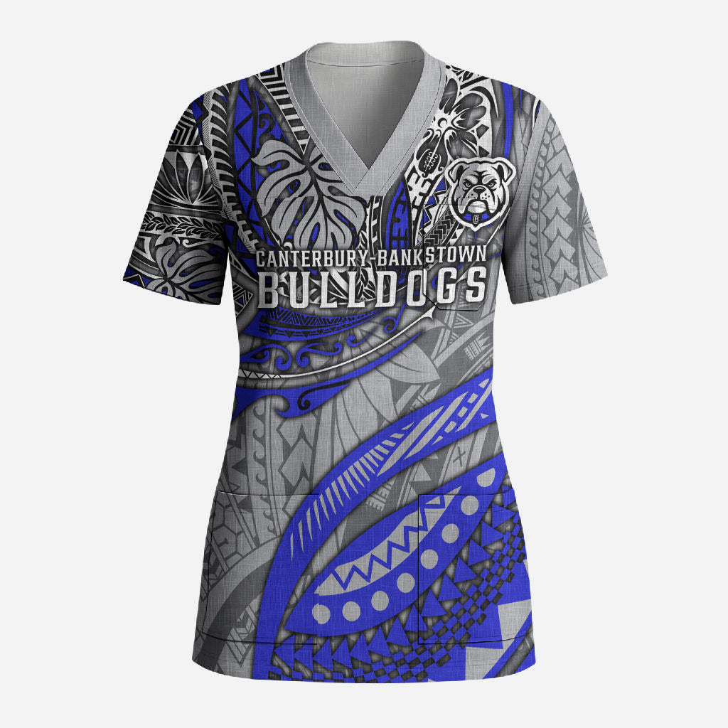 Personalised Canterbury-Bankstown Bulldogs Scrub Top Polynesian Tribal Art Style With Powerful Bulldog Mascot