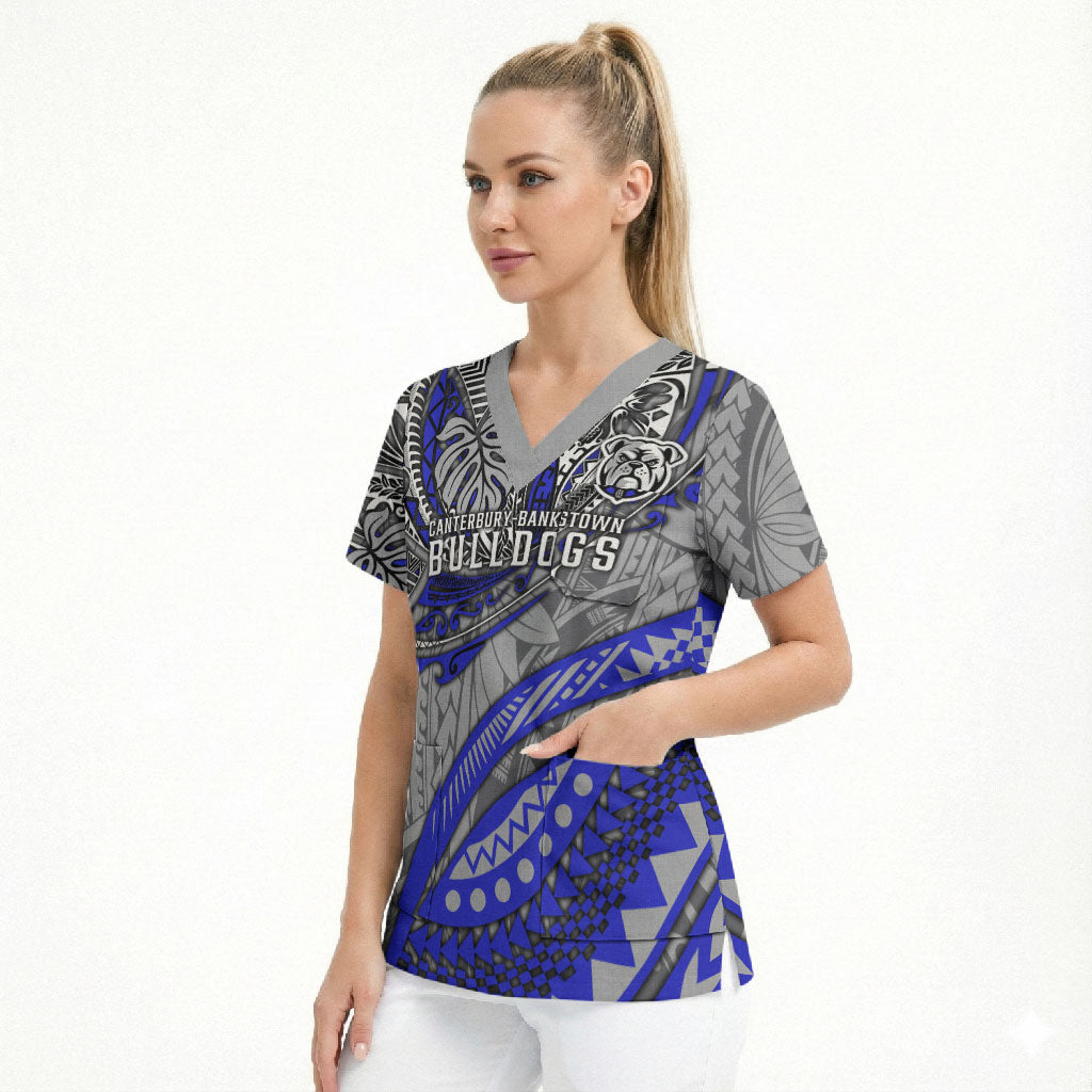 Personalised Canterbury-Bankstown Bulldogs Scrub Top Polynesian Tribal Art Style With Powerful Bulldog Mascot