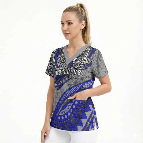 Personalised Canterbury-Bankstown Bulldogs Scrub Top Polynesian Tribal Art Style With Powerful Bulldog Mascot