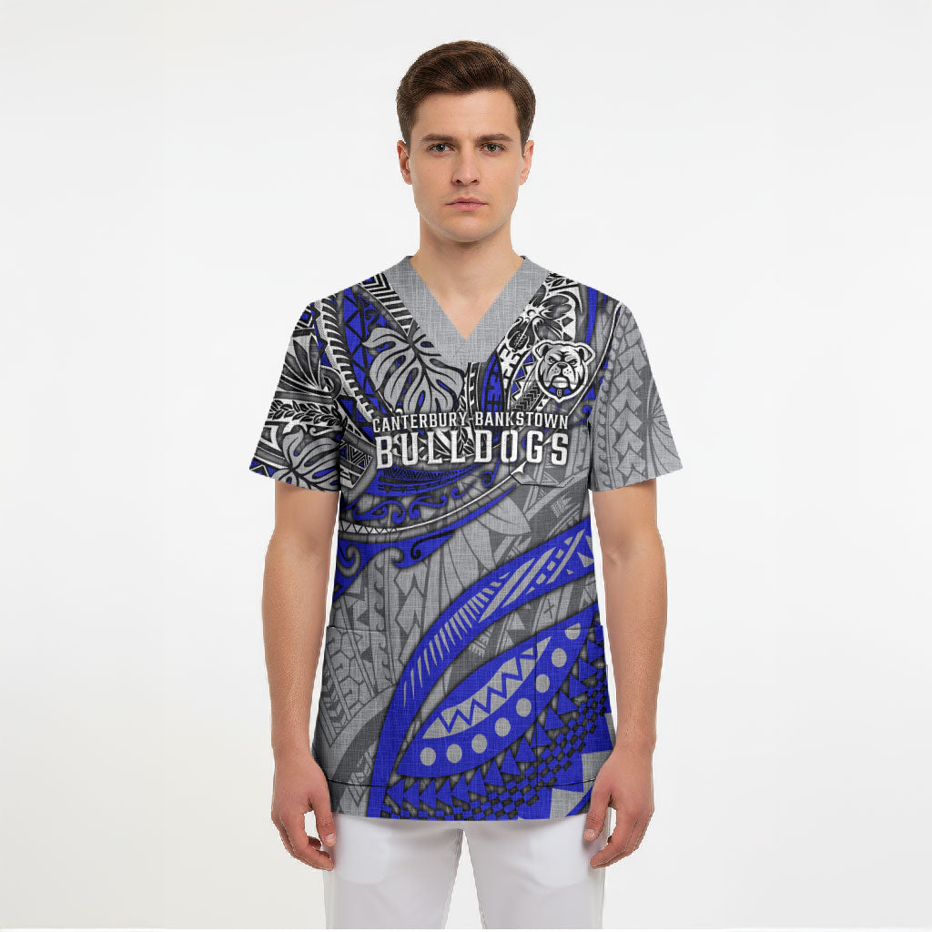 Personalised Canterbury-Bankstown Bulldogs Scrub Top Polynesian Tribal Art Style With Powerful Bulldog Mascot