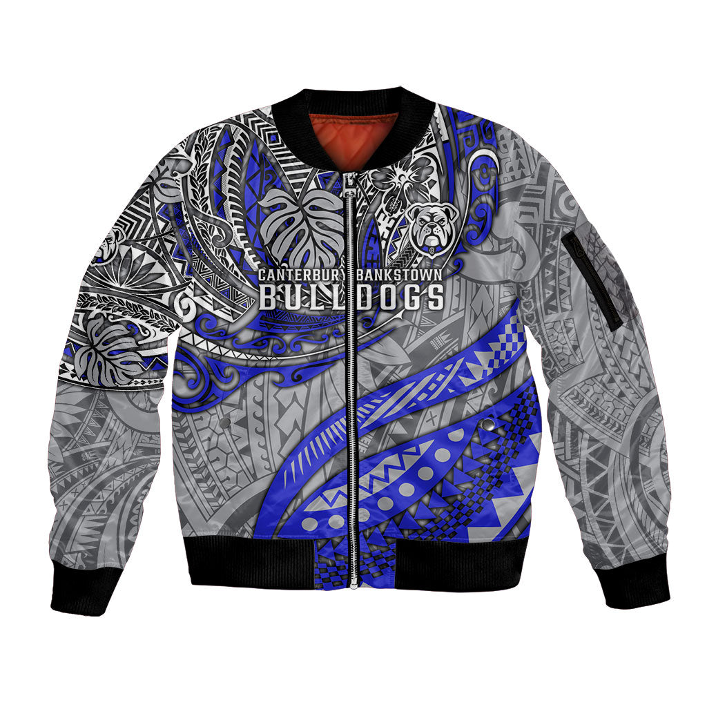 Personalised Canterbury-Bankstown Bulldogs Sleeve Zip Bomber Jacket Polynesian Tribal Art Style With Powerful Bulldog Mascot