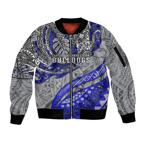 Personalised Canterbury-Bankstown Bulldogs Sleeve Zip Bomber Jacket Polynesian Tribal Art Style With Powerful Bulldog Mascot